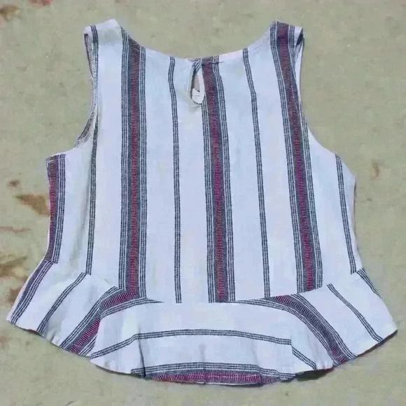LINEN Striped Cropped Sleeveless Tank Top Ruffle Hem Peplum Women Small - Picture 9 of 11